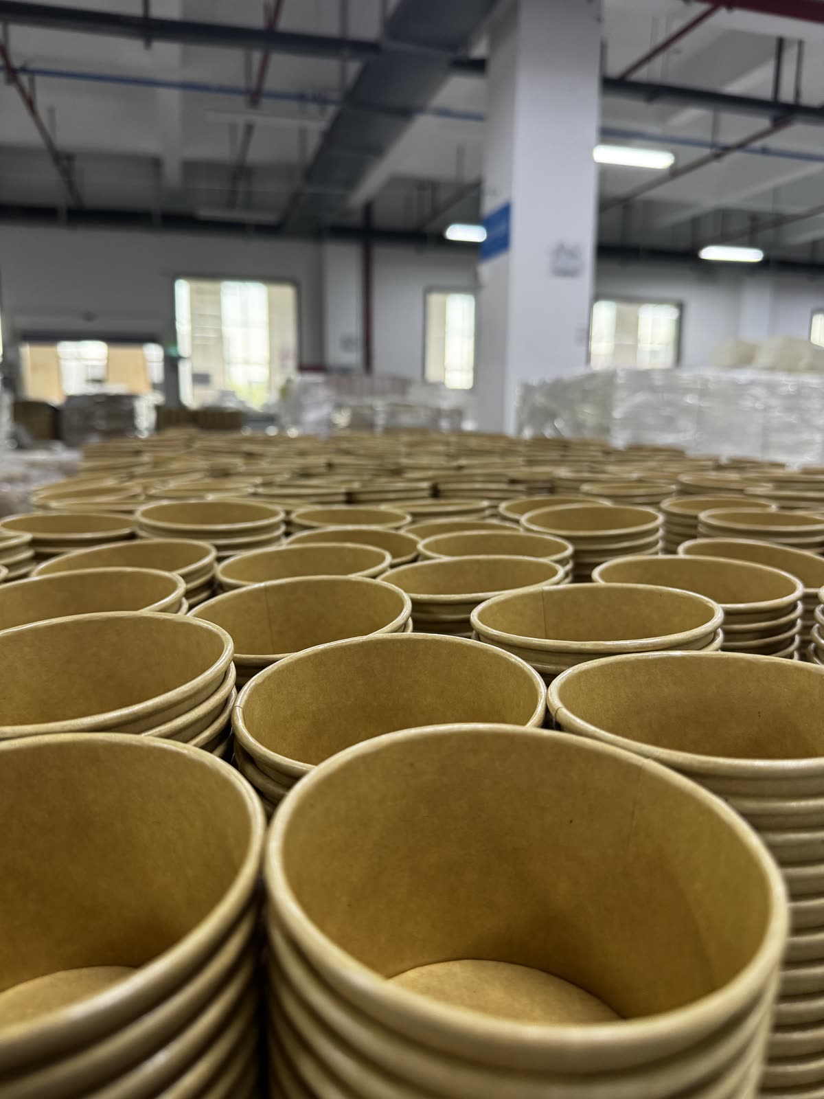 Kraft paper bowls stacked inside the Nexpack factory