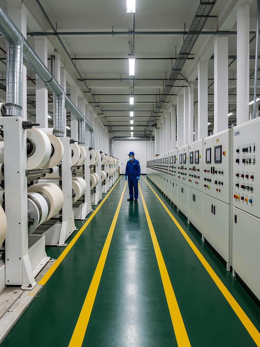 Factory production line with roll-fed material equipment and process-control cabinets