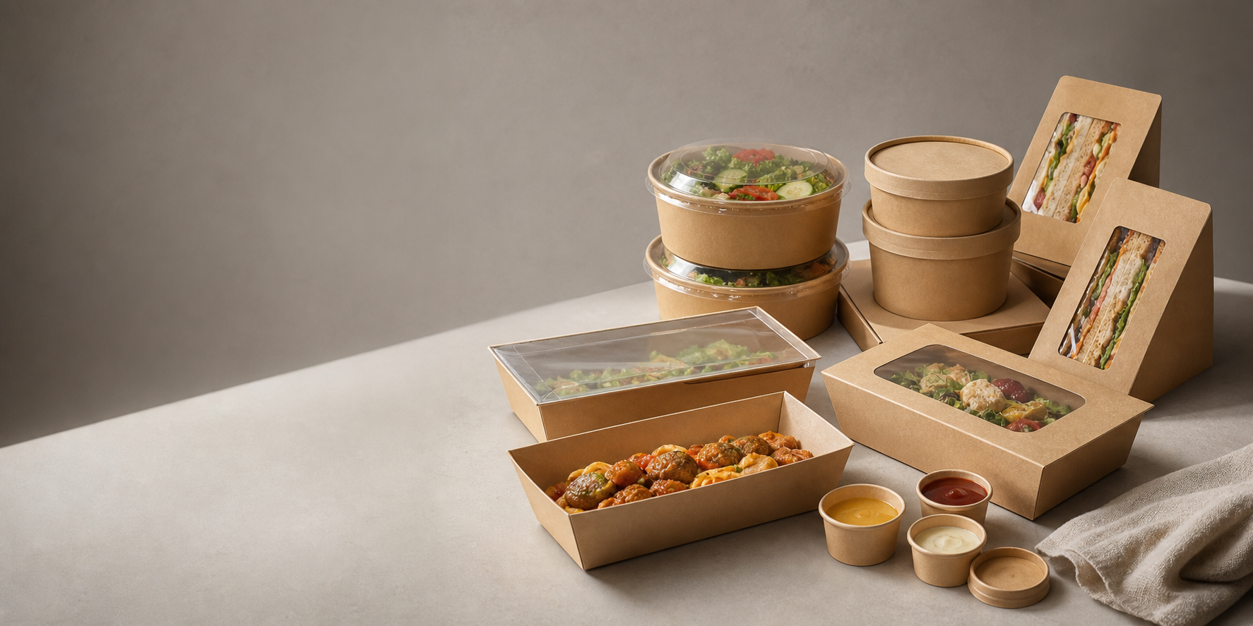 Paper food packaging bowls, trays, boxes, and sauce cups arranged on a studio surface