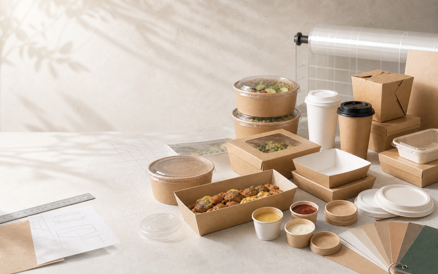 Paper food packaging products arranged in a bright packaging development workspace