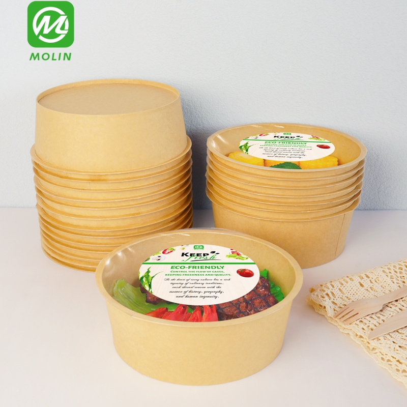 Stacked kraft paper bowls with food