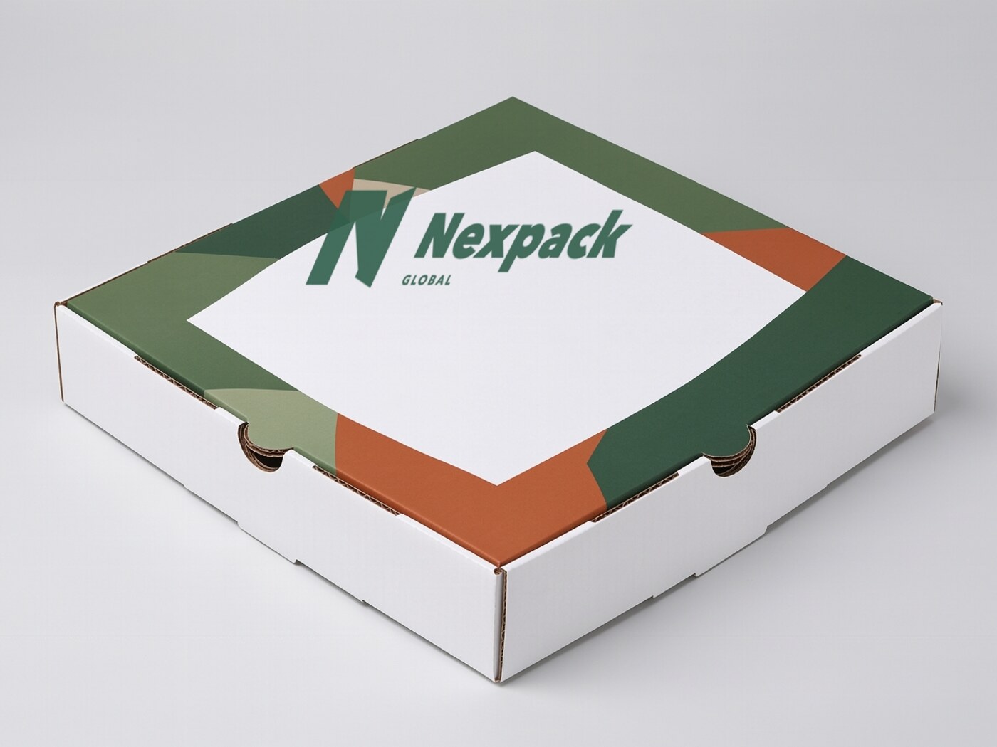 Custom printed white pizza box with Nexpack Global branding