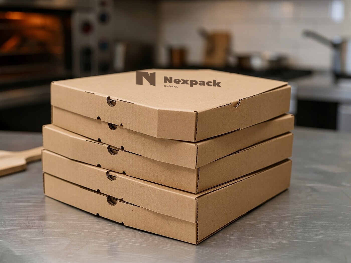 Stacked kraft pizza boxes with Nexpack Global branding in a restaurant kitchen