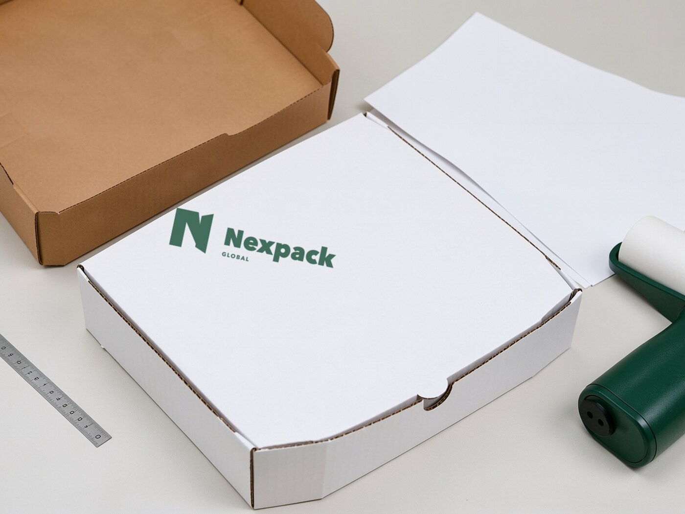 White pizza box with Nexpack Global branding at a print proofing workbench